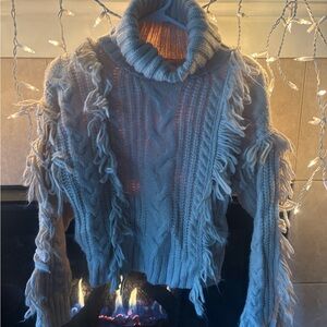 Forever 21 Fringe Cable Knit Turtleneck Sweater - Gray